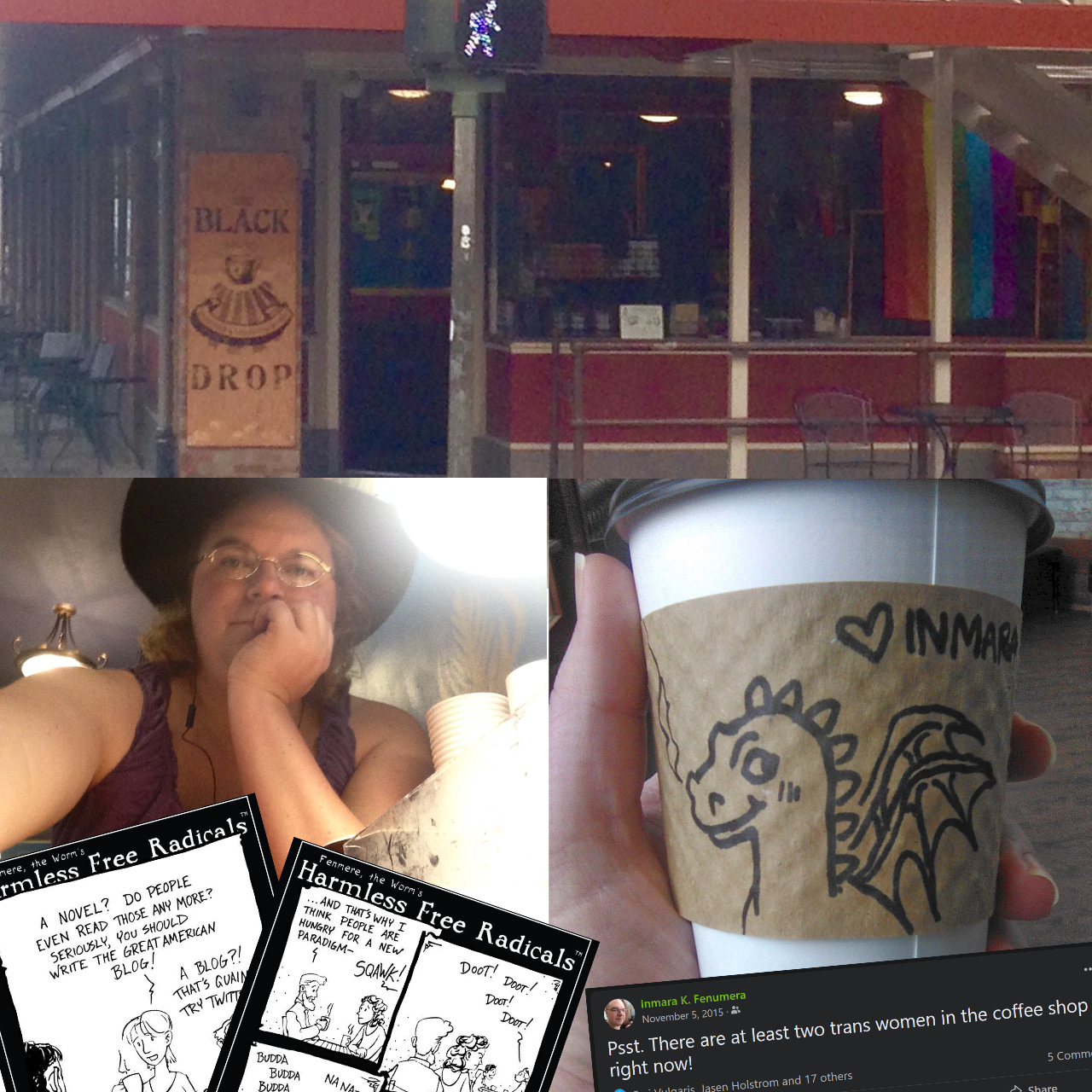 collage of photos related to the Black Drop coffee house and the Inmara's work there